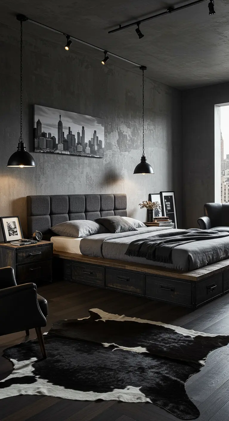 Industriële slaapkamer met betonnen muren, bed met opberglades en koeienhuidkleed.