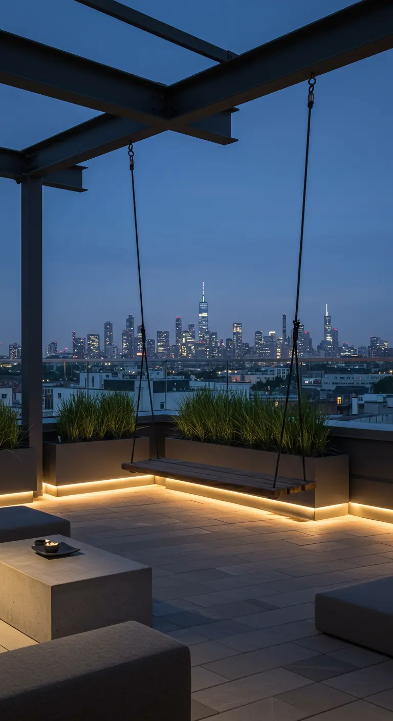 Moderne houten hangbank met LED-verlichting op een dakterras met uitzicht op de stad.