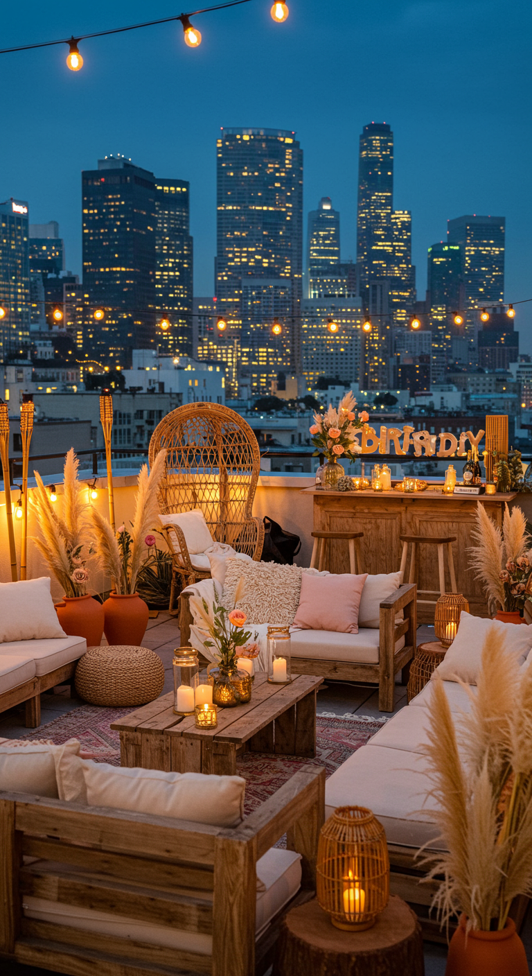 Boho dakterrasfeest met houten meubels, pampasgras, kaarsen en stadszicht.