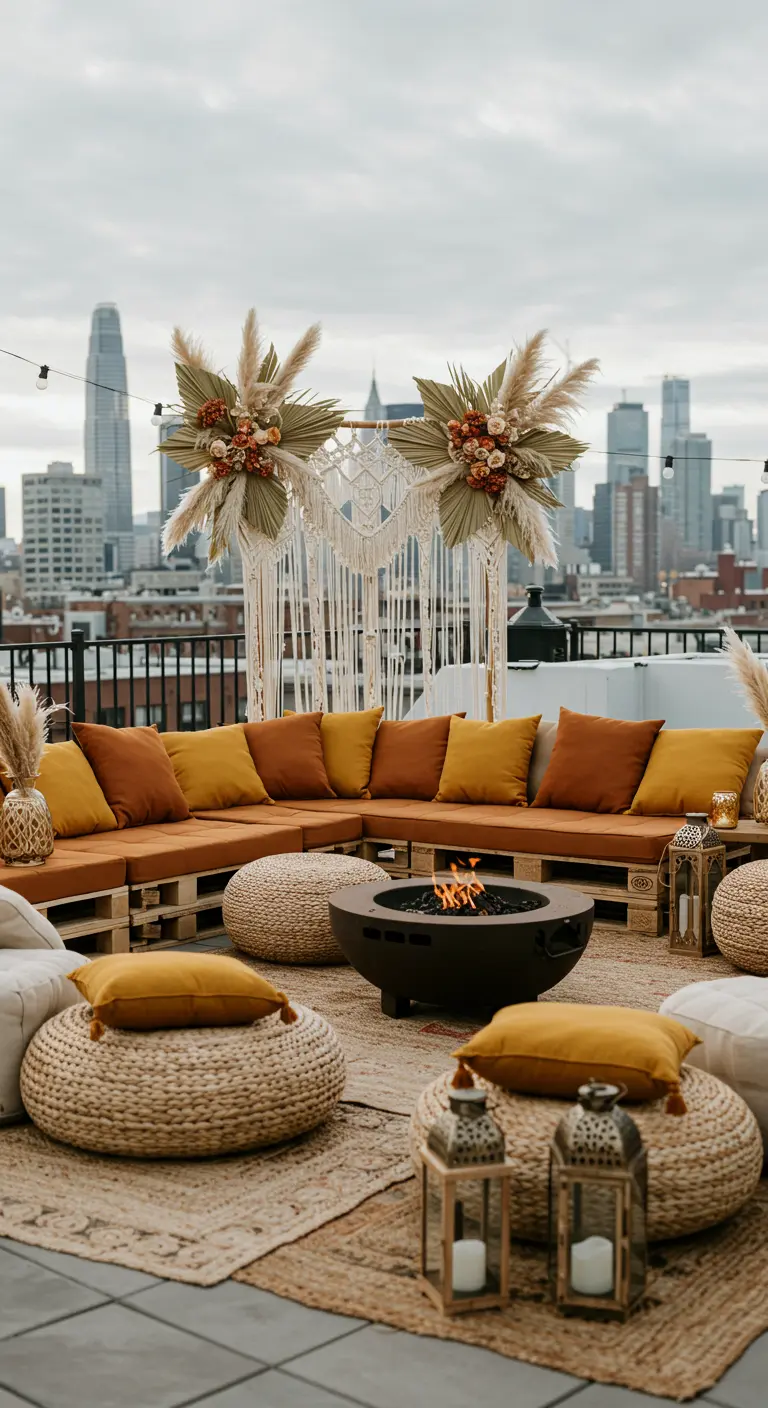 Dakterras lounge met palletbanken, macramé, droogbloemen en vuurkorf.
