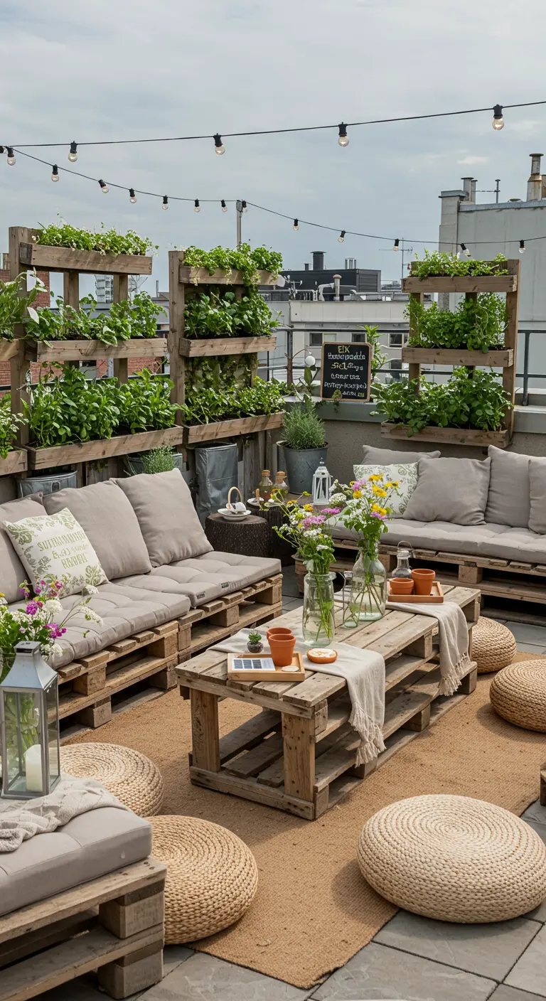 Dakterras met palletmeubels, verticale kruidenbakken en relaxte sfeer.