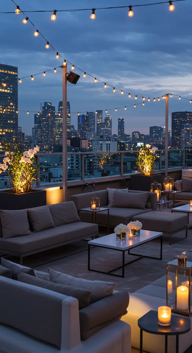 Rooftop lounge setting voor een bruiloft met stadszicht, banken, kaarsen en lichtslingers.