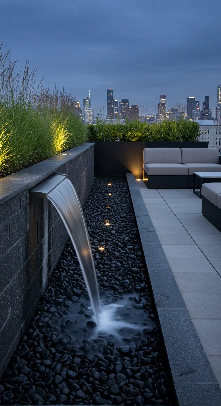 Moderne waterval op een dakterras met uitzicht op de stadsskyline.