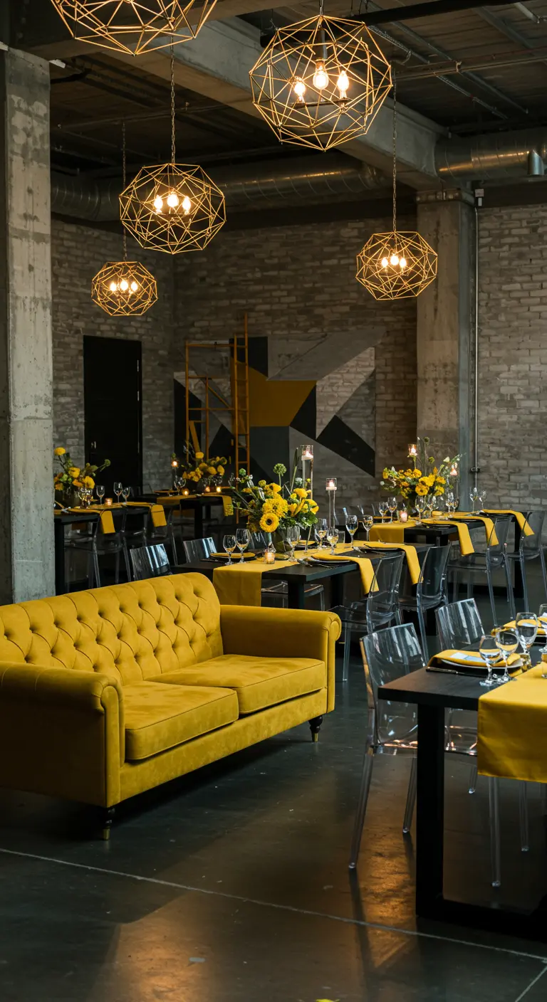 Industriële ruimte met okergele bank, zwarte tafels, geometrische lampen en gele bloemen.