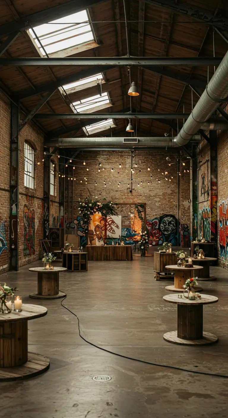 Industriële locatie: graffiti, kabelhaspels als tafels, bloemboog.