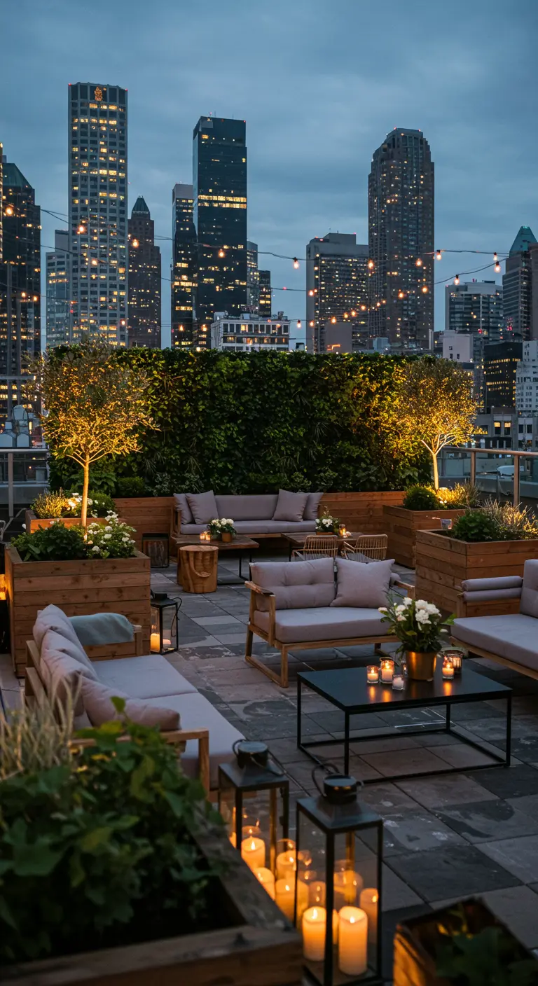Dakterras met loungebanken, plantenbakken, kaarsen en lichtslingers, uitzicht op skyline.