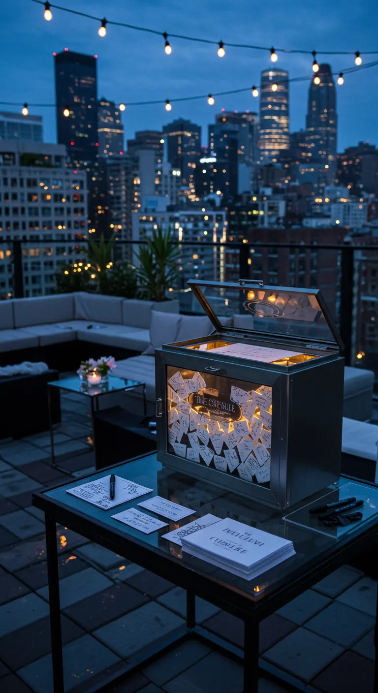 Tijdscapsule gastenboek op dakterras met uitzicht op stad bij nacht.