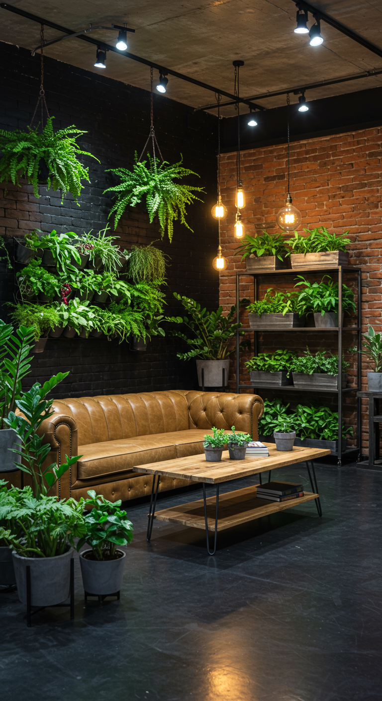 Donkere industriële woonkamer met leren bank en een muur vol planten.