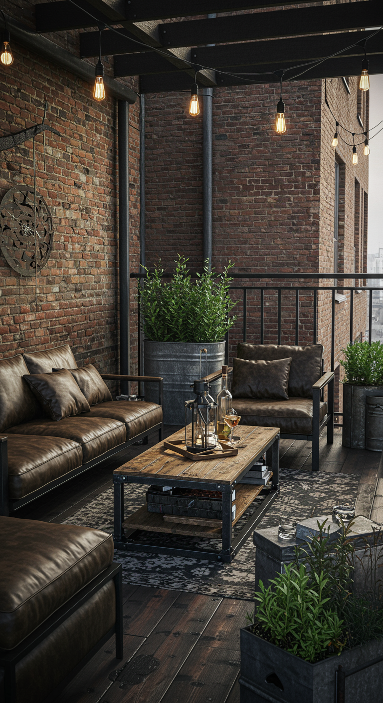 Industrieel balkon met bakstenen muur, bruinleren banken, metalen salontafel en Edison lampen.