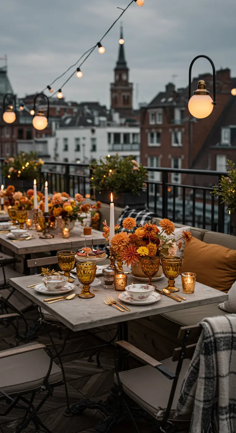High tea op een dakterras met warme oranje bloemen, amberkleurig glaswerk en lichtslingers.