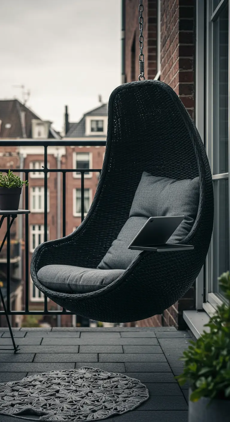 Zwarte design hangstoel aan bakstenen muur op een modern balkon.