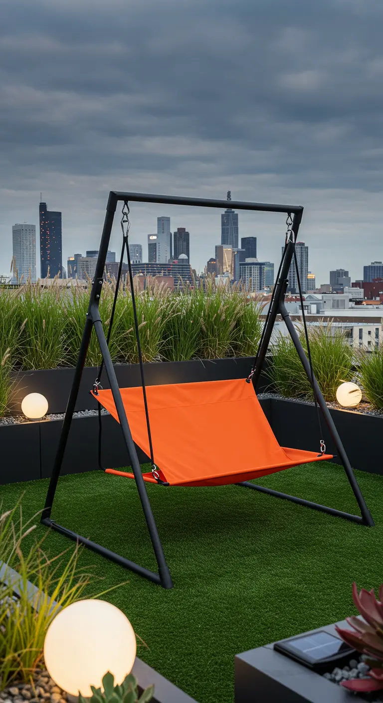 Moderne oranje stoffen schommel op zwart metalen frame op een dakterras met stadszicht.