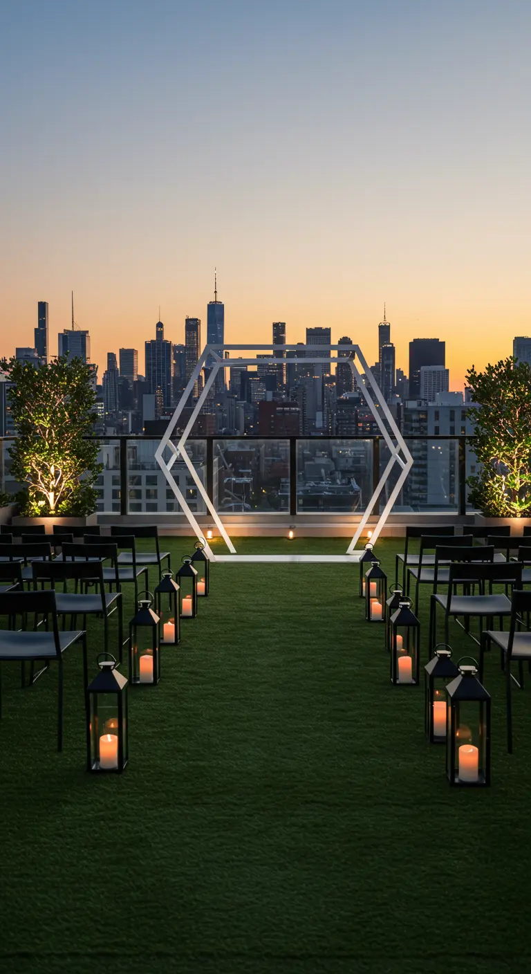 Zwart-wit ceremonie op dakterras met stadszicht, geometrische boog en lantaarns.