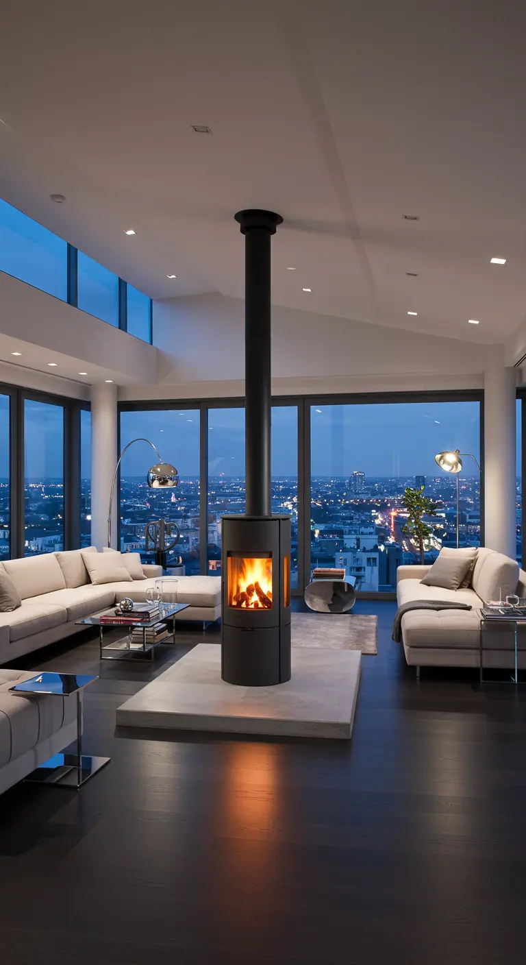 Vrijstaande houtkachel op betonnen platform in modern penthouse met uitzicht op de stad.