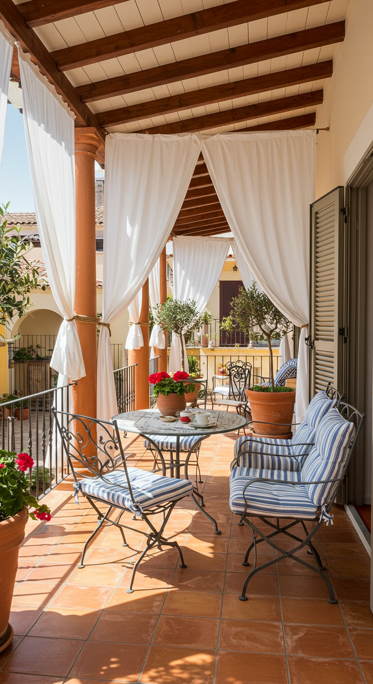 Mediterraan balkon met witte doeken, terracotta potten en blauw-wit gestreepte kussens.