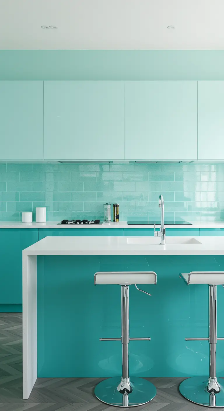 Frisse keuken met een kleurverloop van licht aqua naar diep turkoois en witte barkrukken.