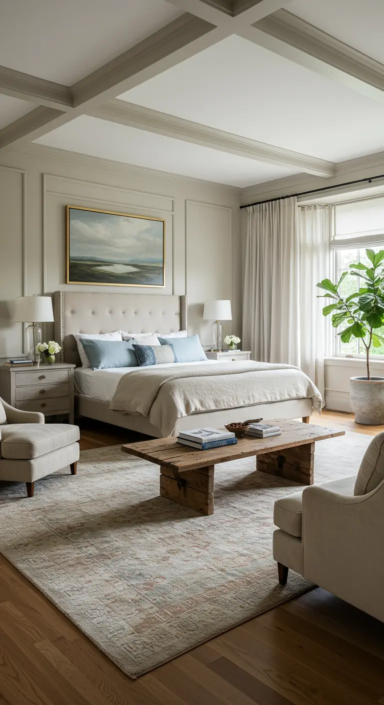 Ruime slaapkamer met groot beige bed en passend vloerkleed.