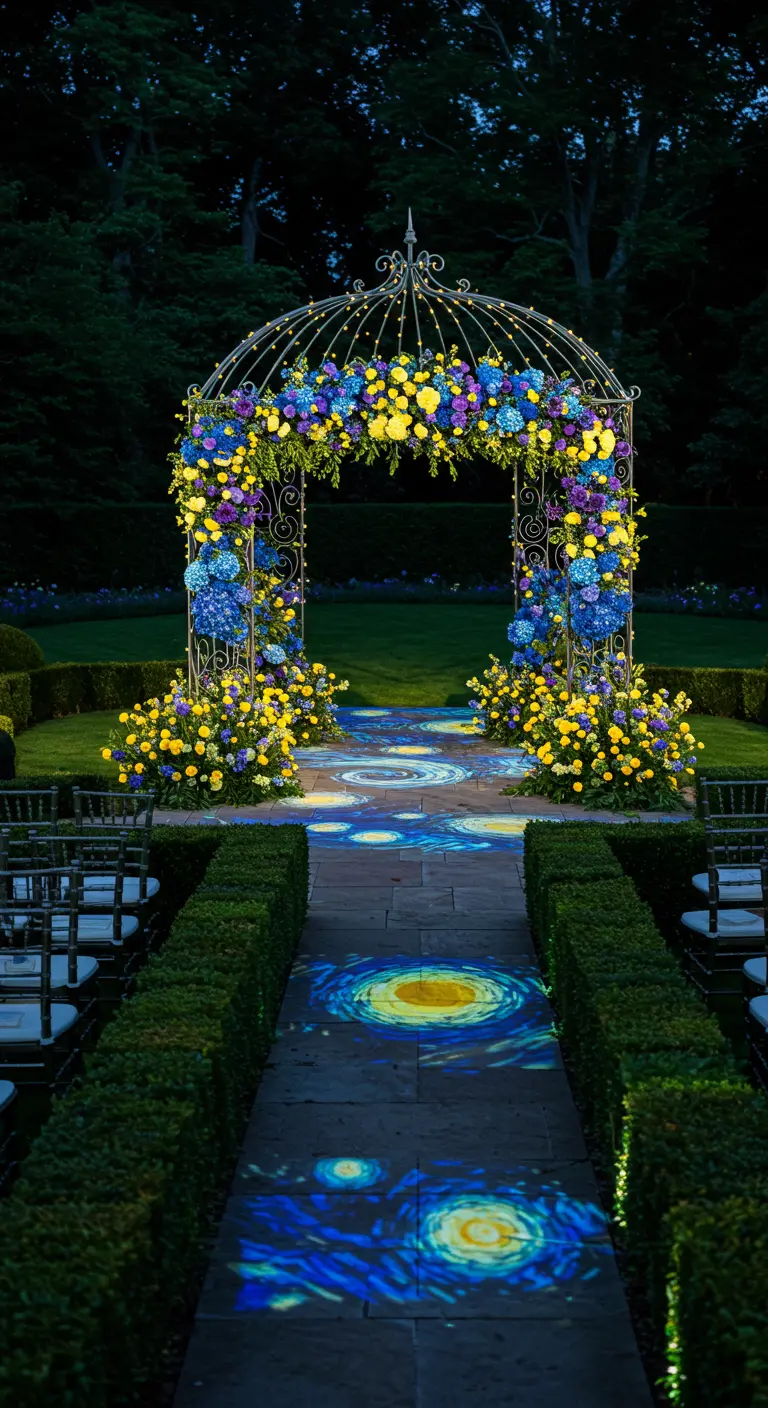 Tuinbruiloft met prieel en gangpad verlicht met projectie van Van Goghs Sterrennacht.