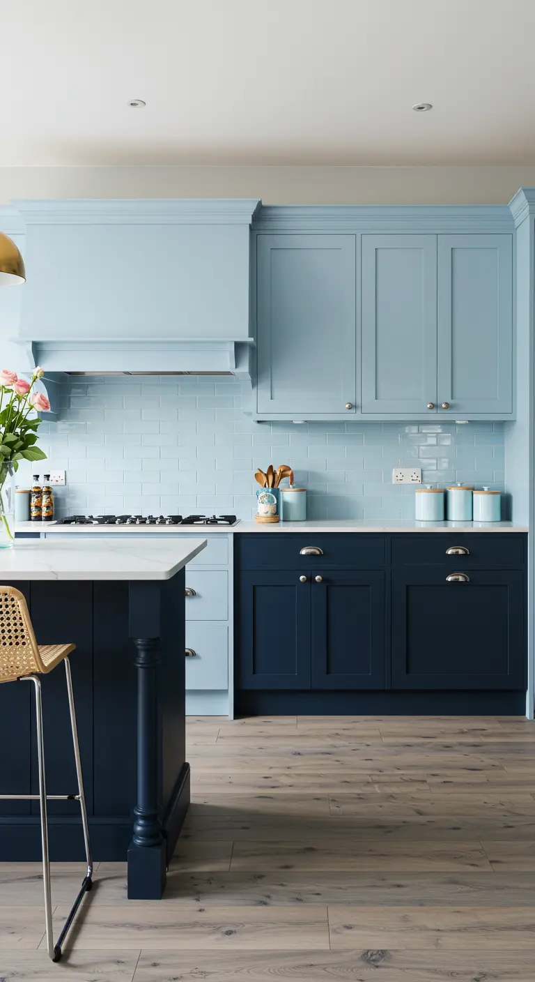 Tweekleurige blauwe keuken met lichte bovenkasten, donkerblauwe onderkasten en een wit marmeren blad.