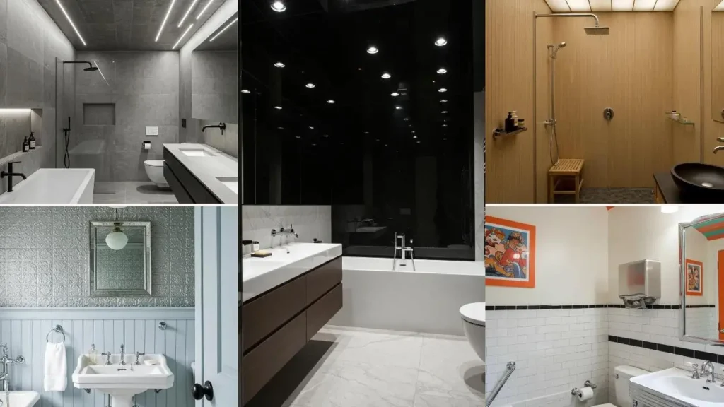 Diverse badkamers met verrassende plafondaccenten, inclusief houten en kleurrijke elementen.