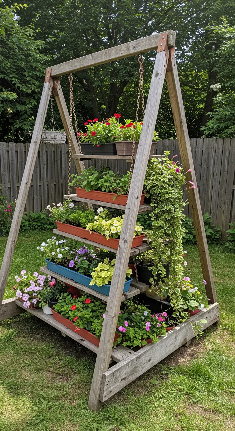 Oud houten A-frame schommel omgebouwd tot een verticaal plantenrek vol bloeiende planten.