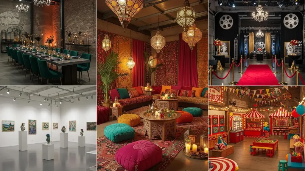 Creatieve manieren om een garage te stylen: diverse ruimtes zoals eetzaal, lounge, film set en kermis.