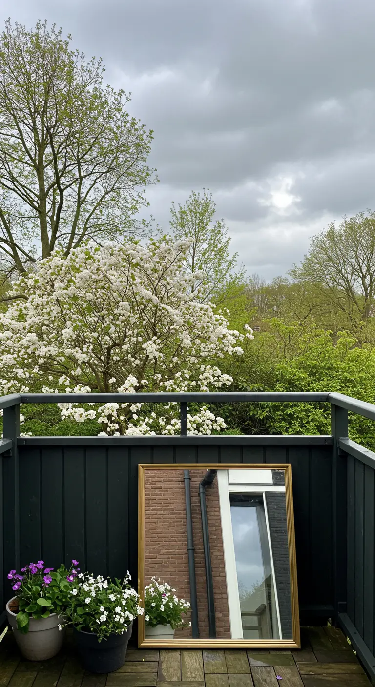 Losstaande spiegel op een houten balkonvlonder, reflecteert bloeiende boom en bewolkte lucht.