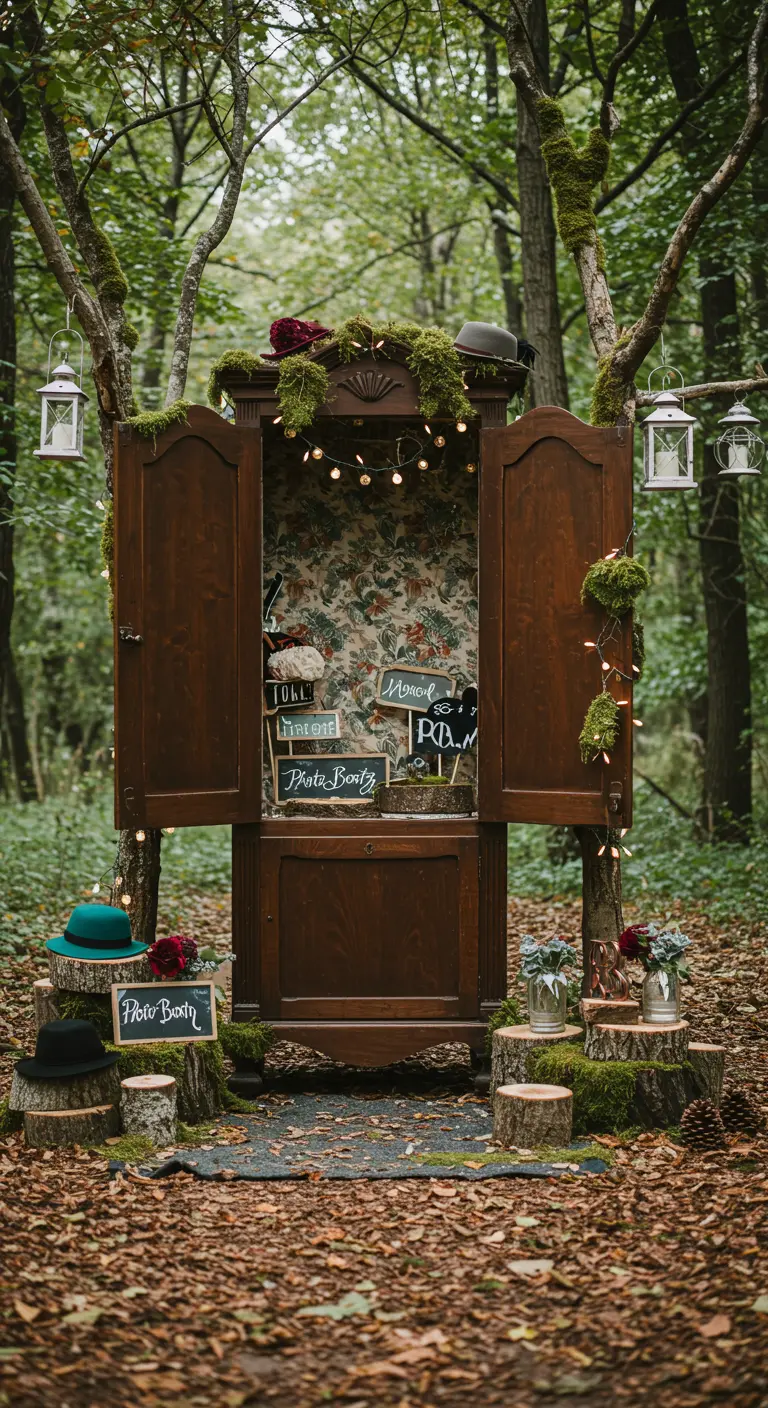 Openstaande vintage kledingkast in een bos, ingericht als fotobooth met props en lichtjes.