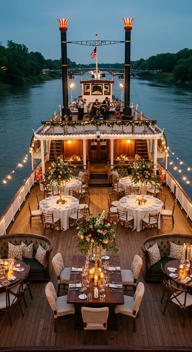 Elegante bruiloftsreceptie op het dek van een klassieke rivierboot bij avond.
