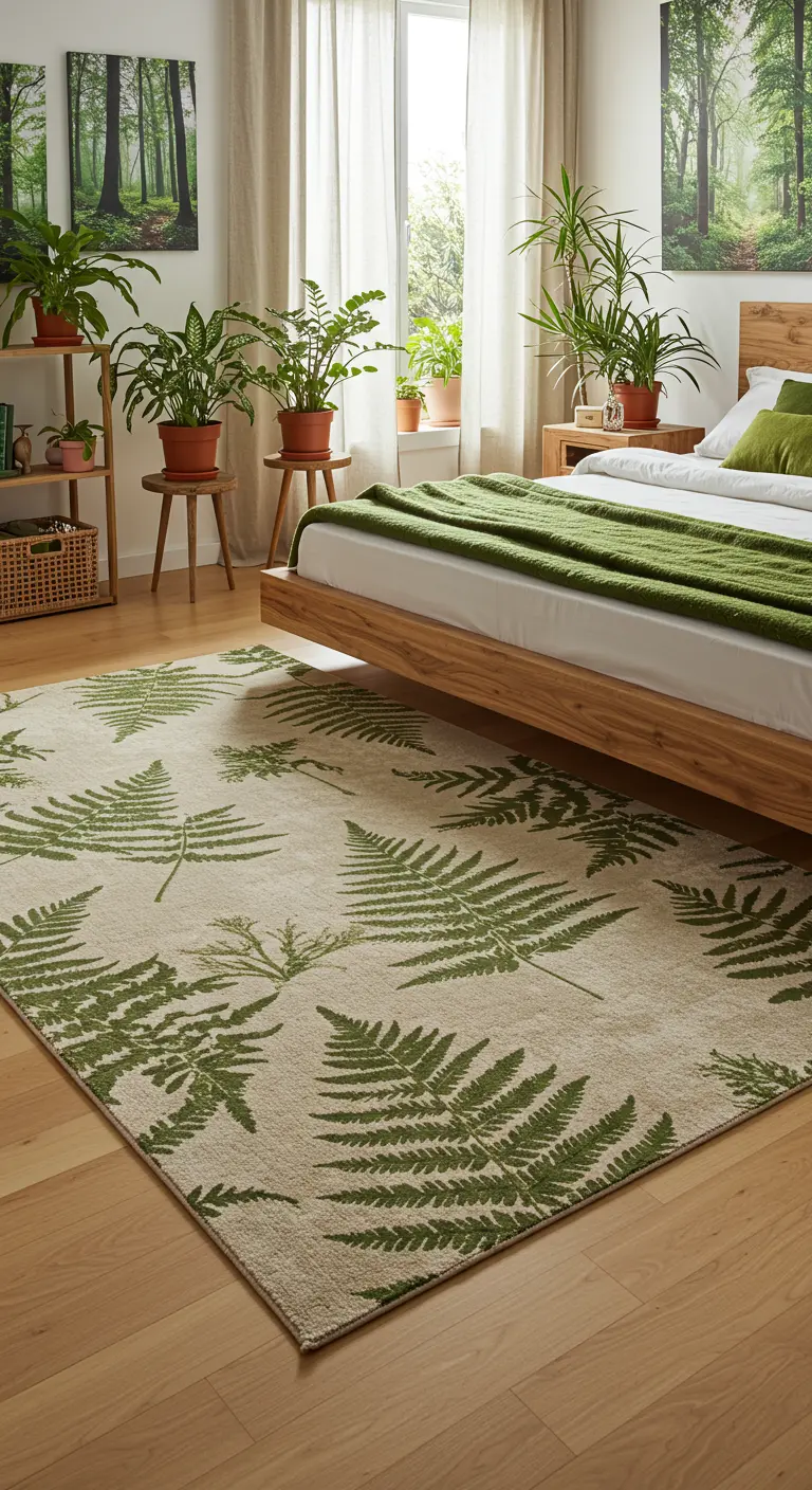 Lichte slaapkamer met veel planten en een beige vloerkleed met groene varenprint.
