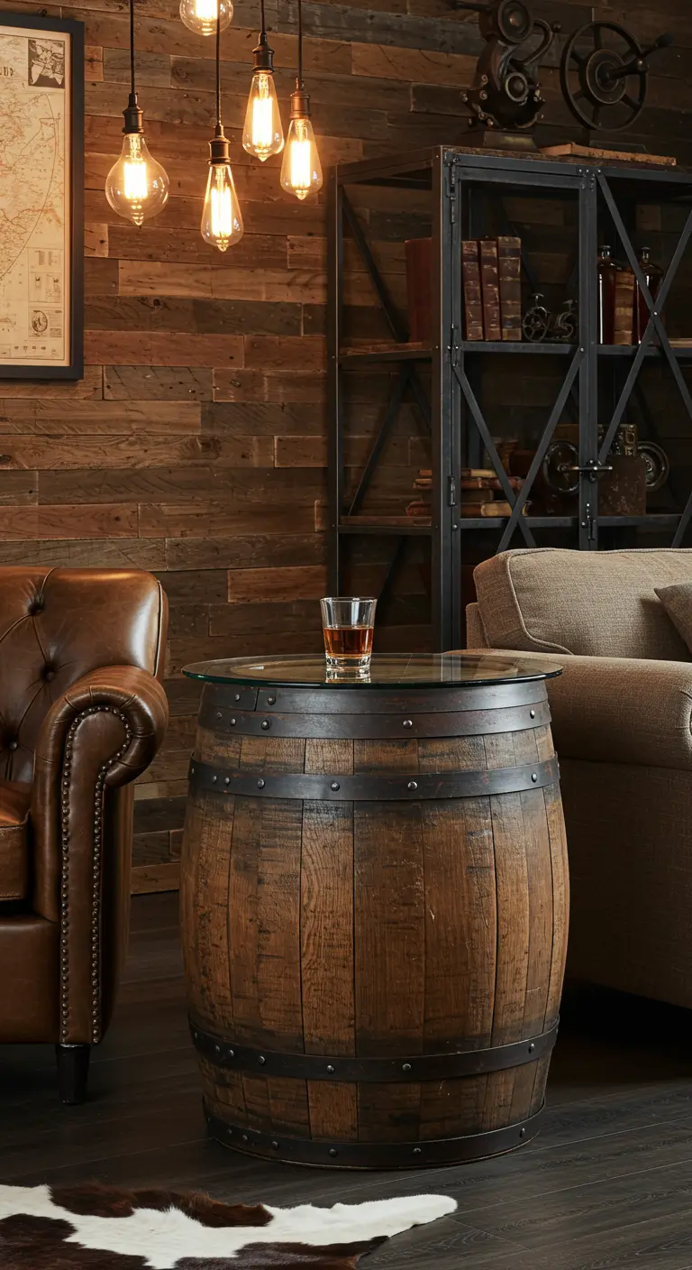 Oud wijnvat met glasplaat als salontafel in een industrieel-rustieke setting.
