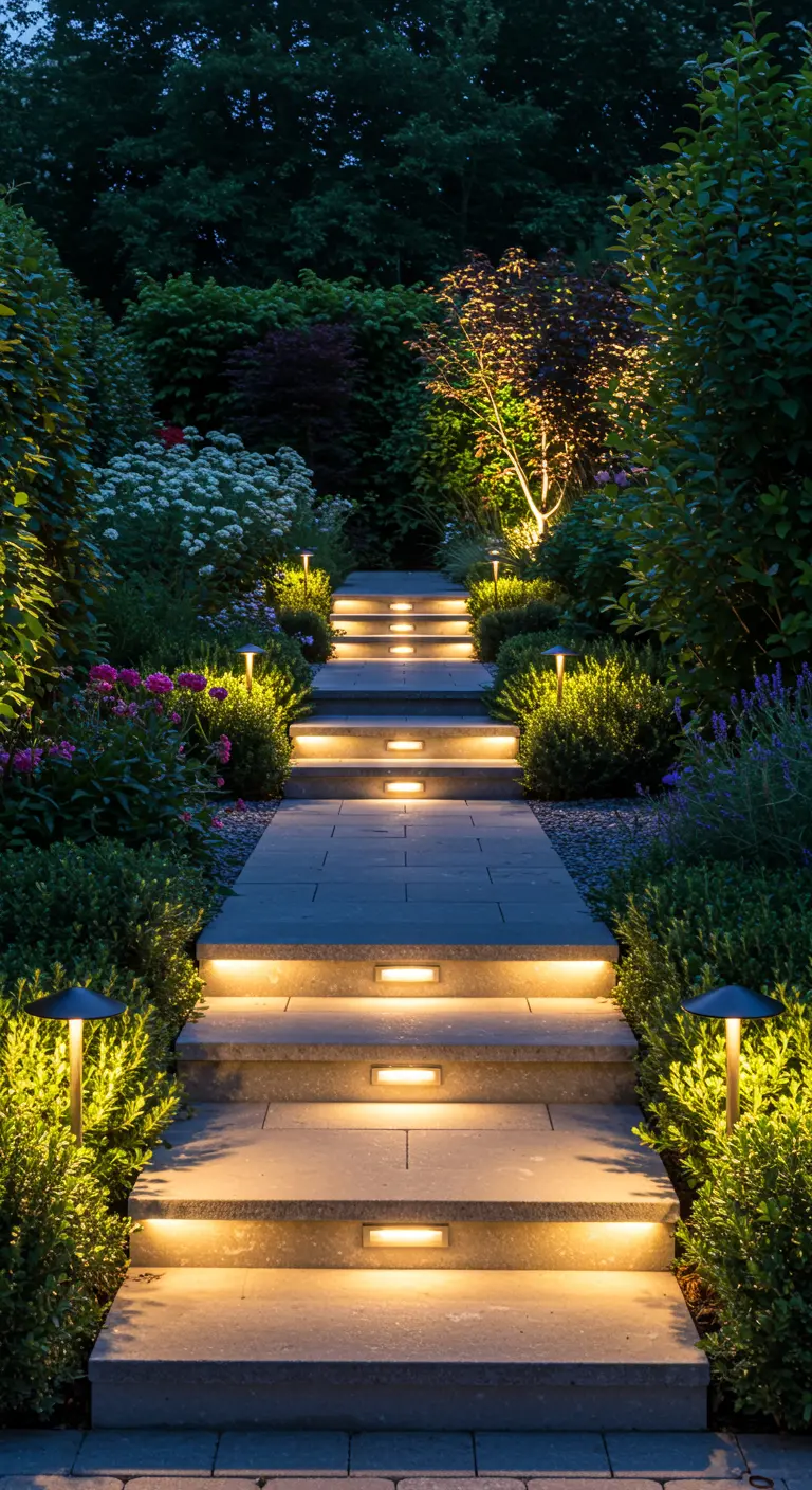 Stenen tuintrap 's avonds, verlicht met inbouwspots in de treden en borderverlichting.