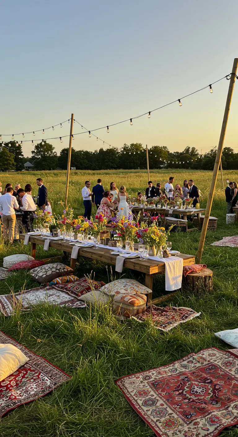 Lage dinertafels met kussens en vloerkleden in een open veld met sfeerverlichting.