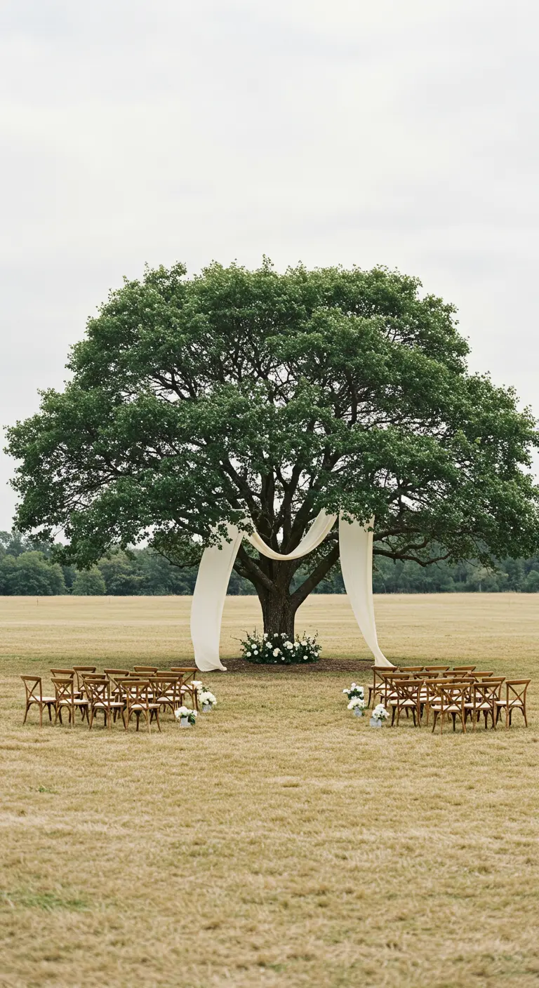 Ceremonieopstelling onder grote boom in veld met gedrapeerde stoffen en houten stoelen.