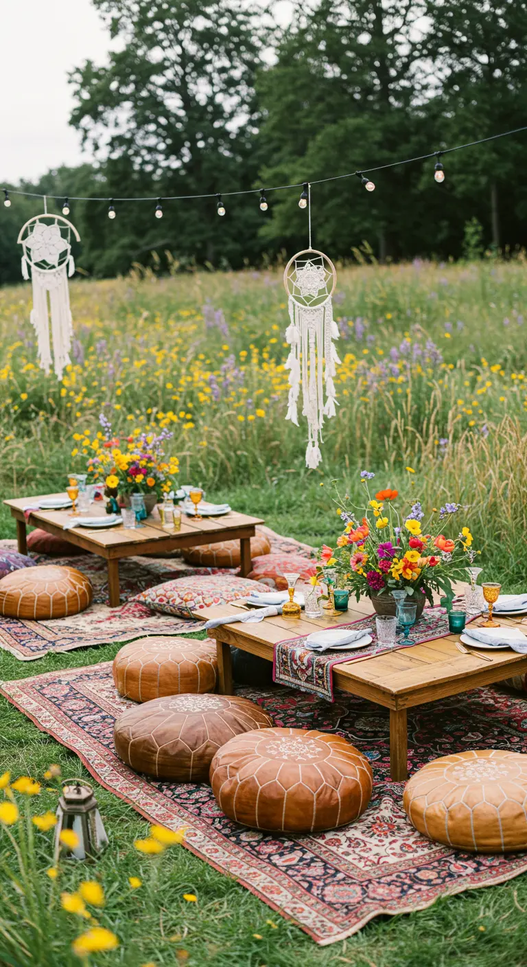 Bohemian picknick in veld met wilde bloemen, lage tafels, dromenvangers en kussens.