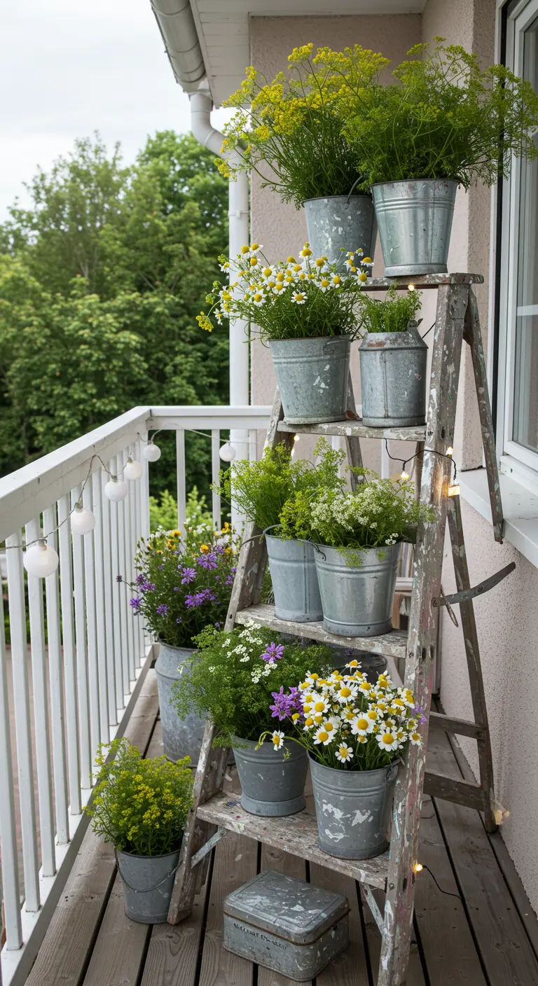Verweerde houten ladder op balkon met zinken emmers vol veldbloemen en kruiden.