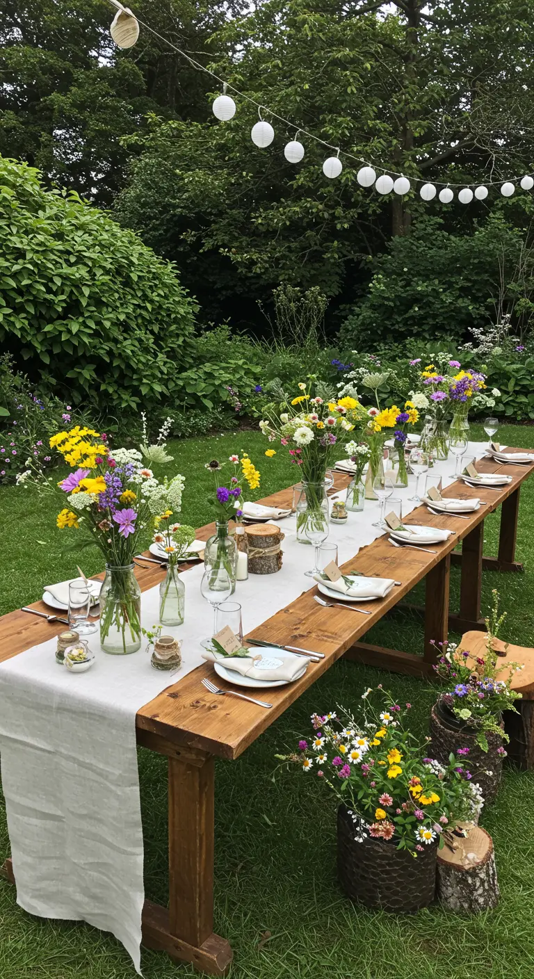 Lange houten tafel met witte loper en diverse vaasjes met veldbloemen.