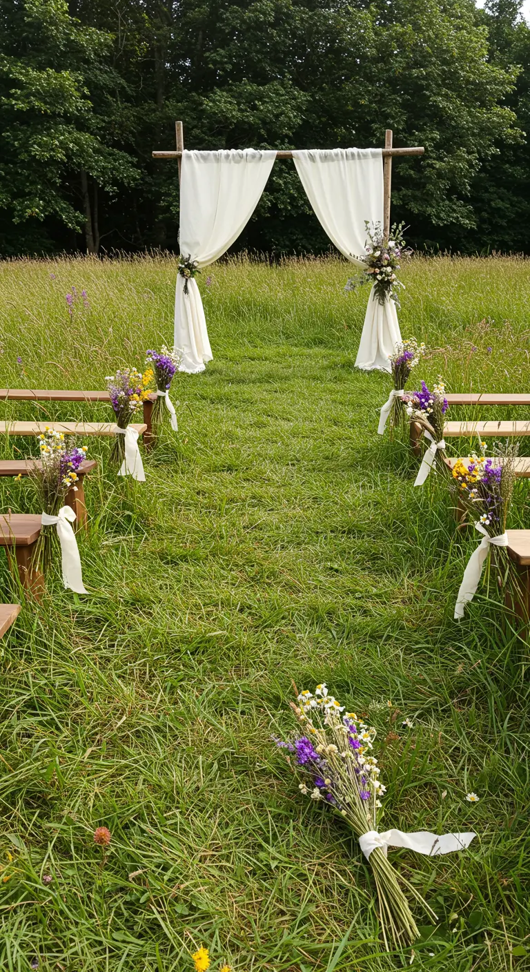 Buitenceremonie in veld met houten altaar, linnen en veldbloemen.