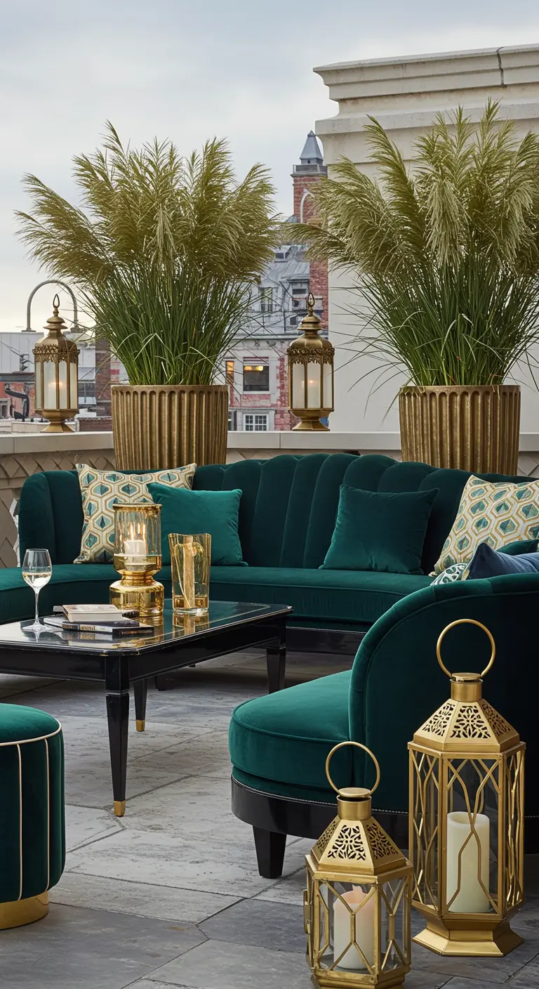 Donkergroene fluwelen loungeset met gouden lantaarns en pampasgras op dakterras.