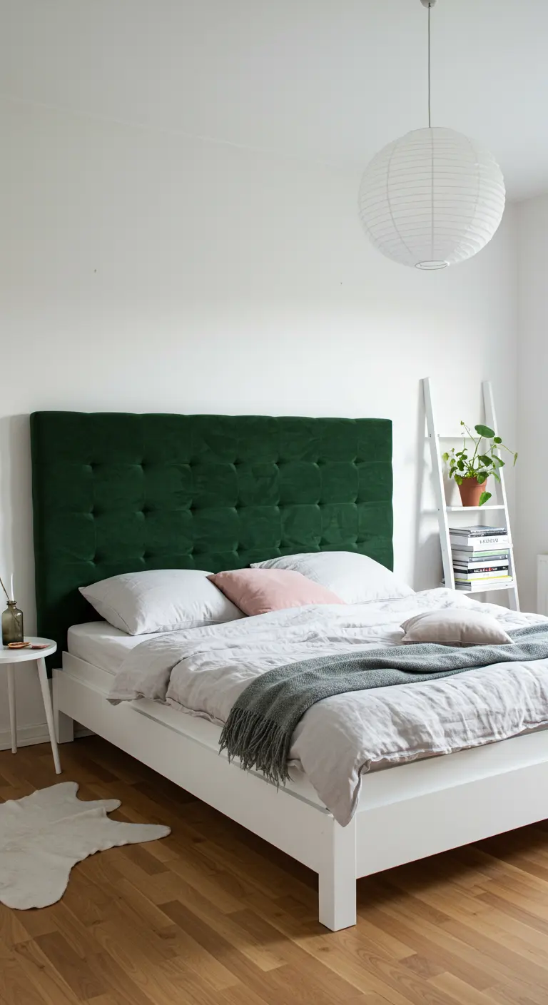 Wit bedframe met een groot, zelfgemaakt smaragdgroen fluwelen gecapitonneerd hoofdbord.