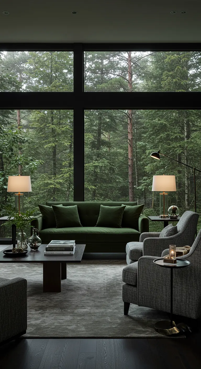 Moderne woonkamer met donkergroene bank en groot raam met uitzicht op bos.