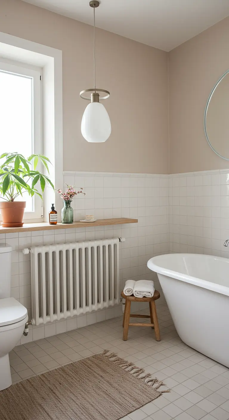 Witte klassieke radiator onder raam met houten plank en plant erop in lichte badkamer.