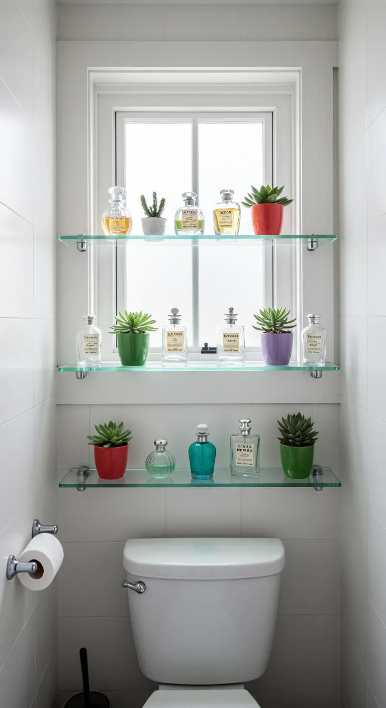 Glazen planken voor een raam boven het toilet, gestyled met parfum en plantjes.