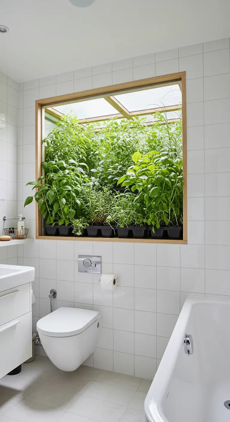 Witte badkamer met een raamnis vol met kleine groene plantjes en kruiden.