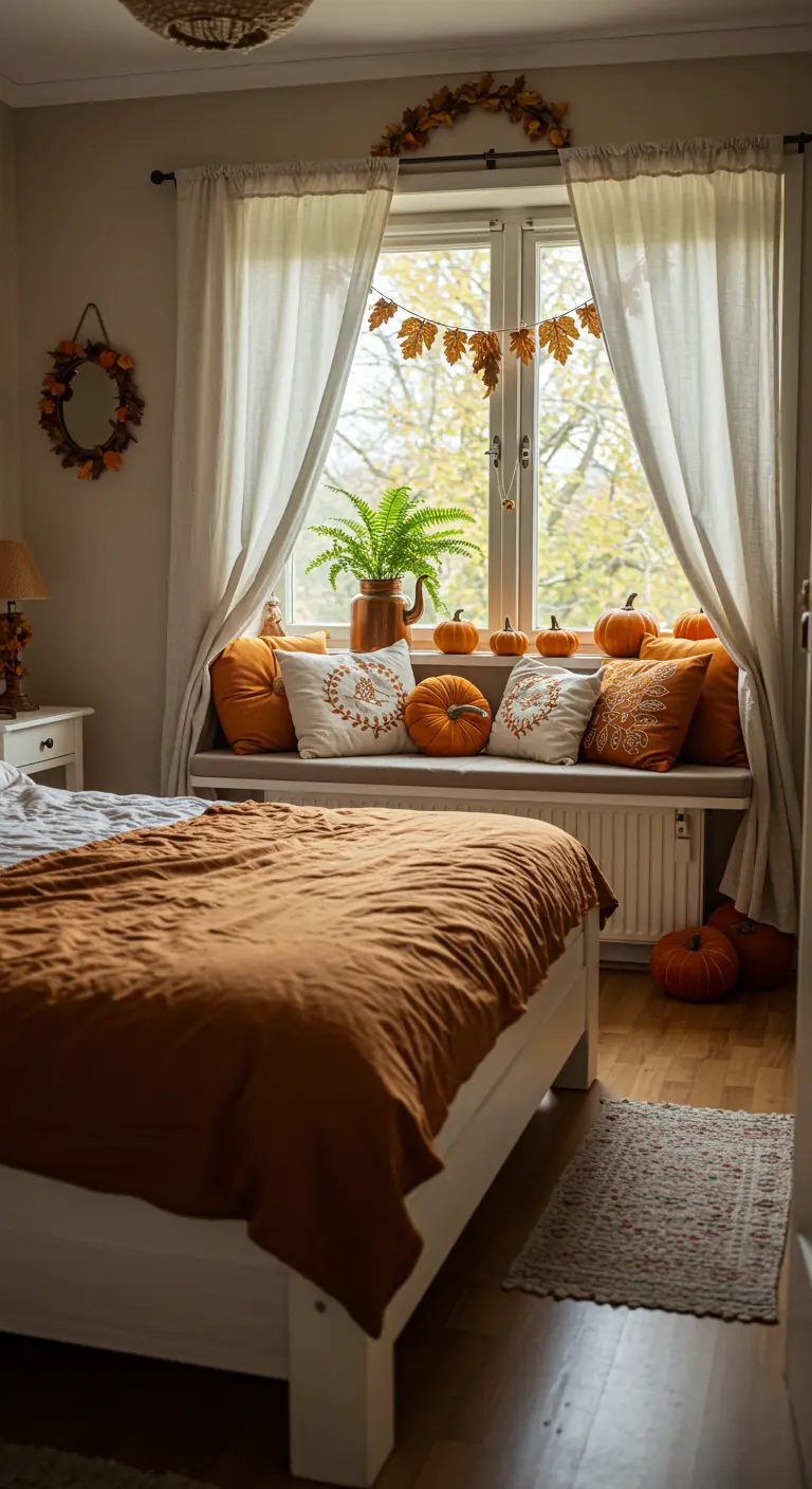 Slaapkamer met vensterbank-oase, oranje kussens, pompoenen en herfstdecoratie.