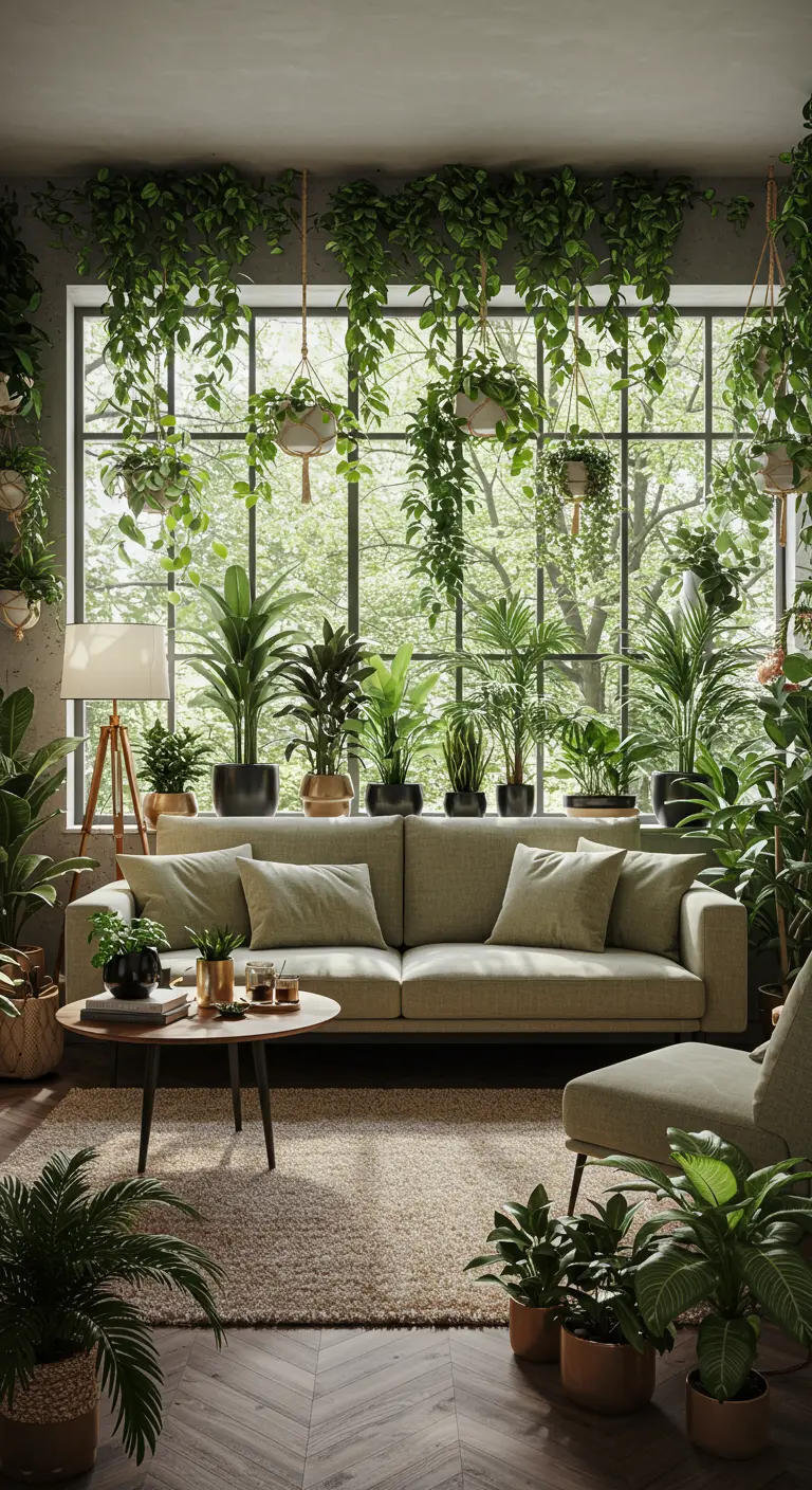 Zithoek met bank voor een groot raam vol hangende en staande planten.