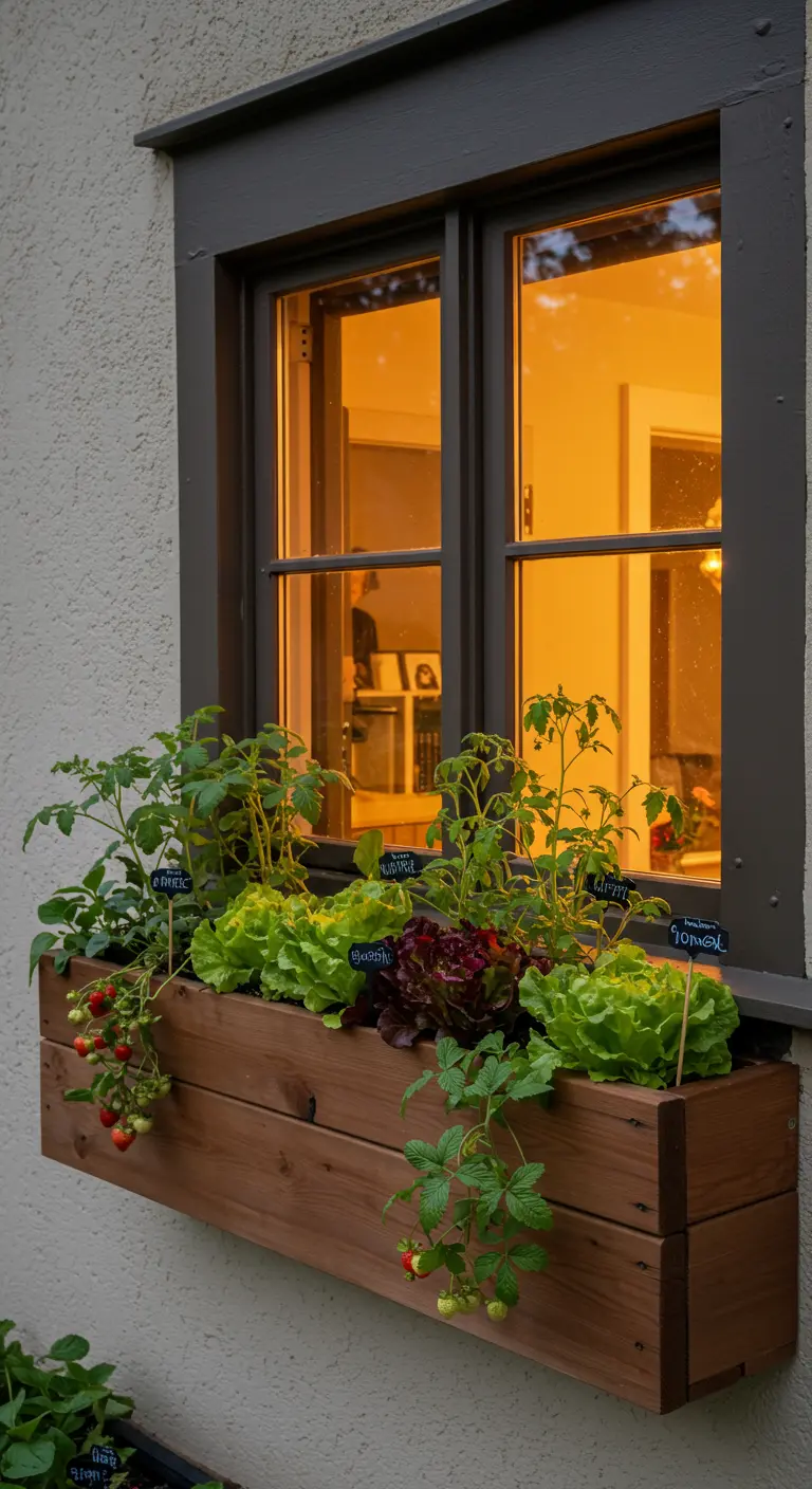Houten vensterbankbak gevuld met sla, tomatenplantjes en kruiden met labels.