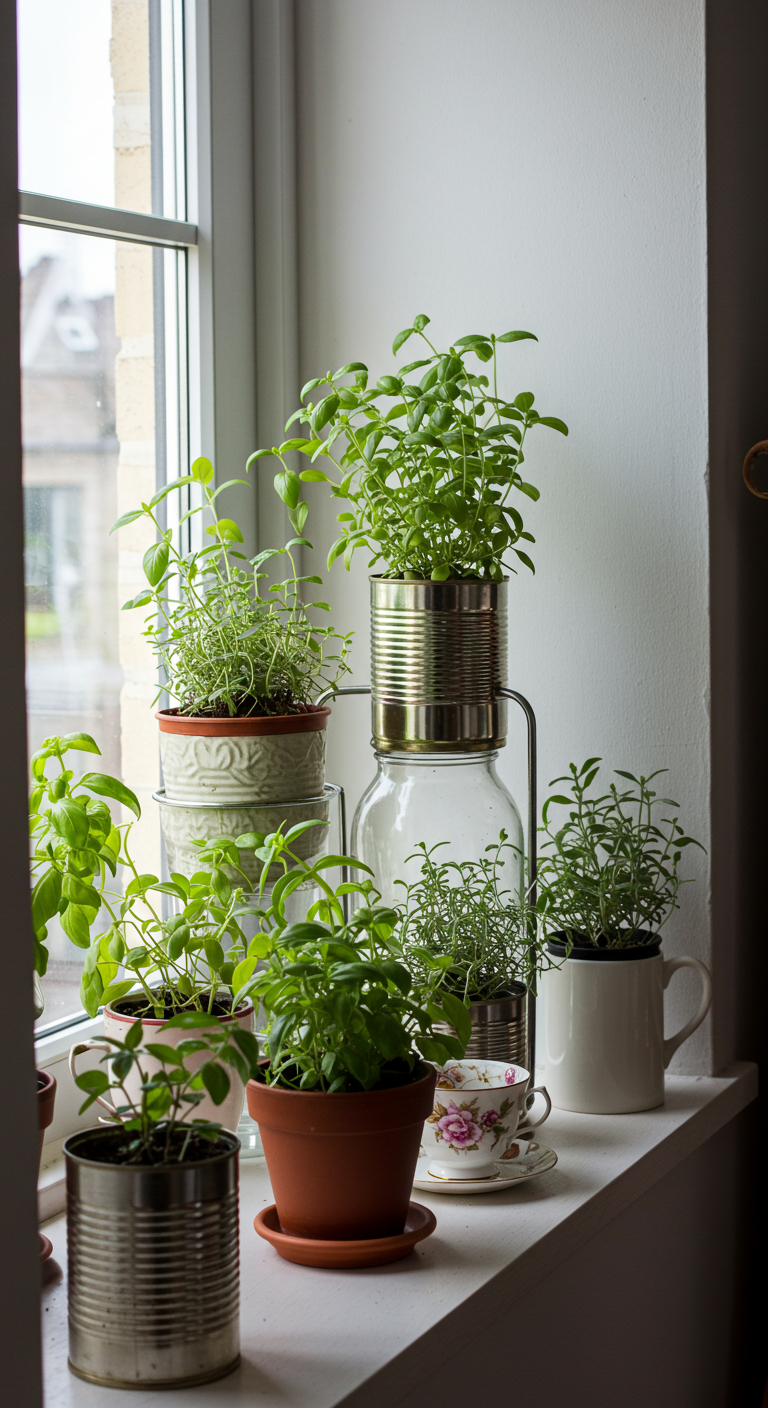 Vensterbank met diverse kruidenplantjes in verschillende potten en blikken.