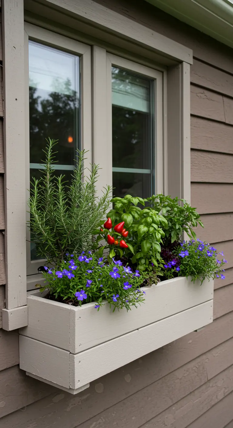 Houten vensterbankbak met rozemarijn, basilicum, chilipepers en blauwe Lobelia.