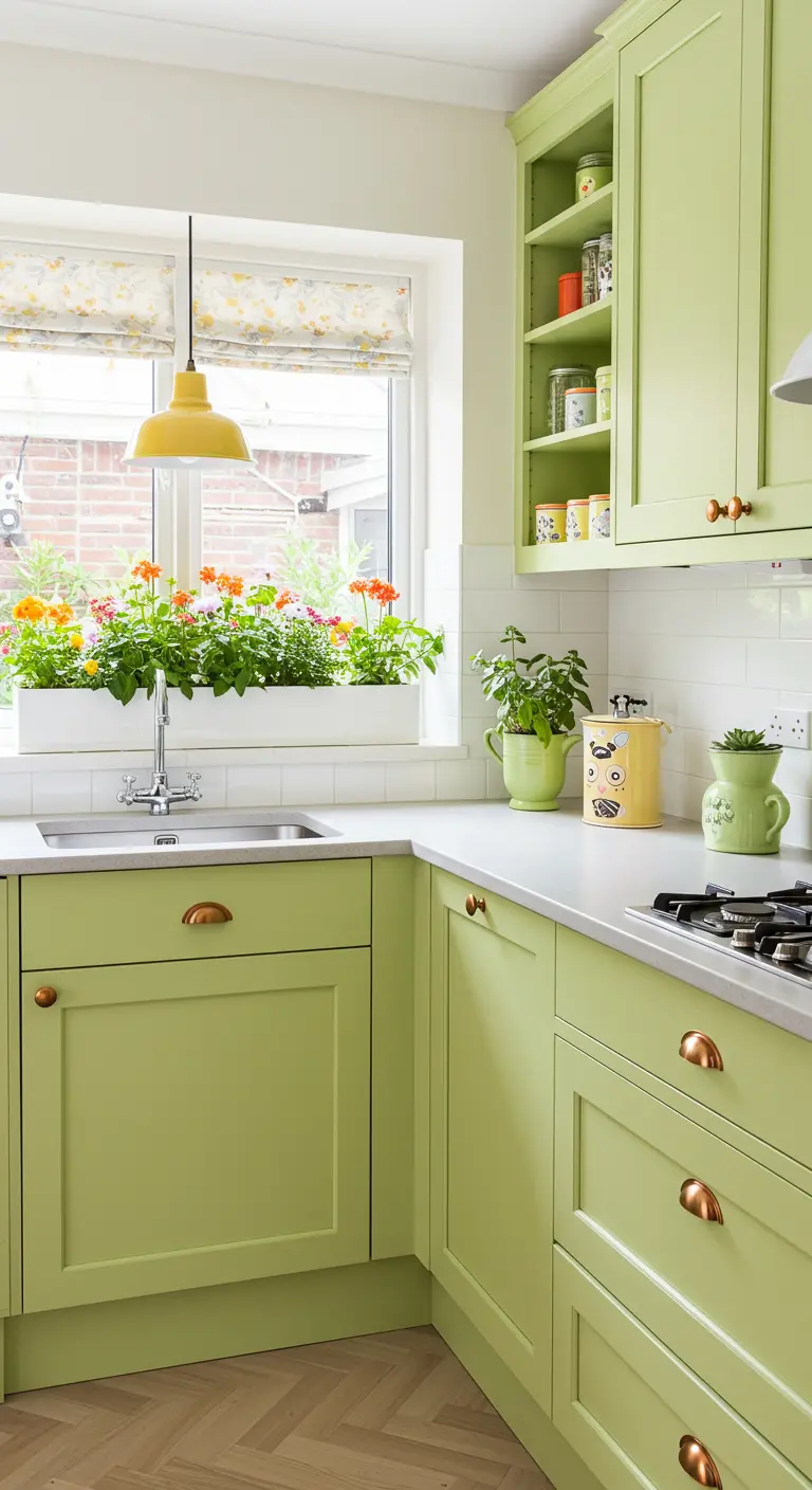 Licht limegroene keuken met een bloembak vol kleurrijke bloemen voor het raam.